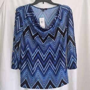 NWT Sami & Jo Blue Chevron Cowl Neck Small Blouse 3/4 Sleeve Gold Buttons Detail